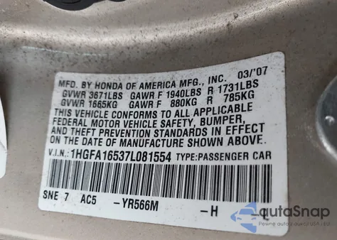 2007 Honda Civic Lx z USA, uszkodzony, nr VIN 1HGFA16537L081554